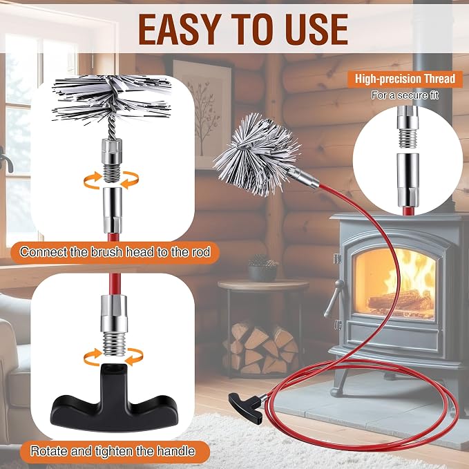 Feekoon Pellet Stove Cleaning Kit, 10 FT Flexible Steel Rod with 3" & 4" Brush Head, Flue Detail Cleaner, Pellet Stove Accessories for Vent Pipes Cleaning - Reduce Buildup & Improve Airflow