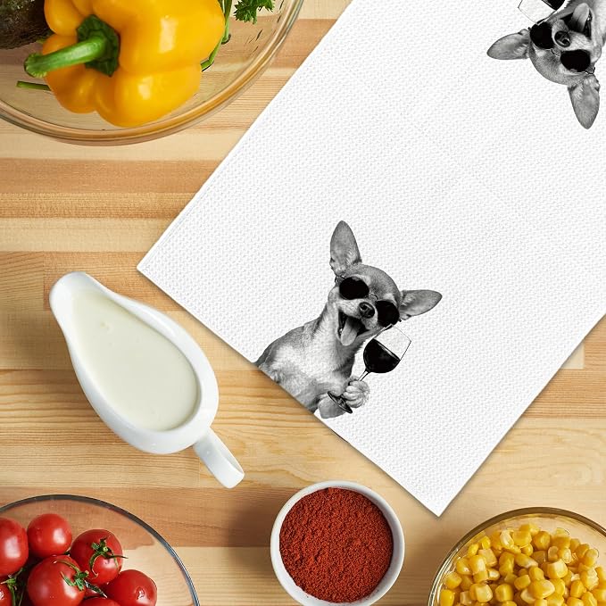 Funny Chihuahua Wine Kitchen Towels, Gifts for Dog Wine Lovers, Bar Accessories Dish Tea Towels for Kitchen, Dog Owners Housewarming Gift Decorative Hand Towel 16x24 Inch