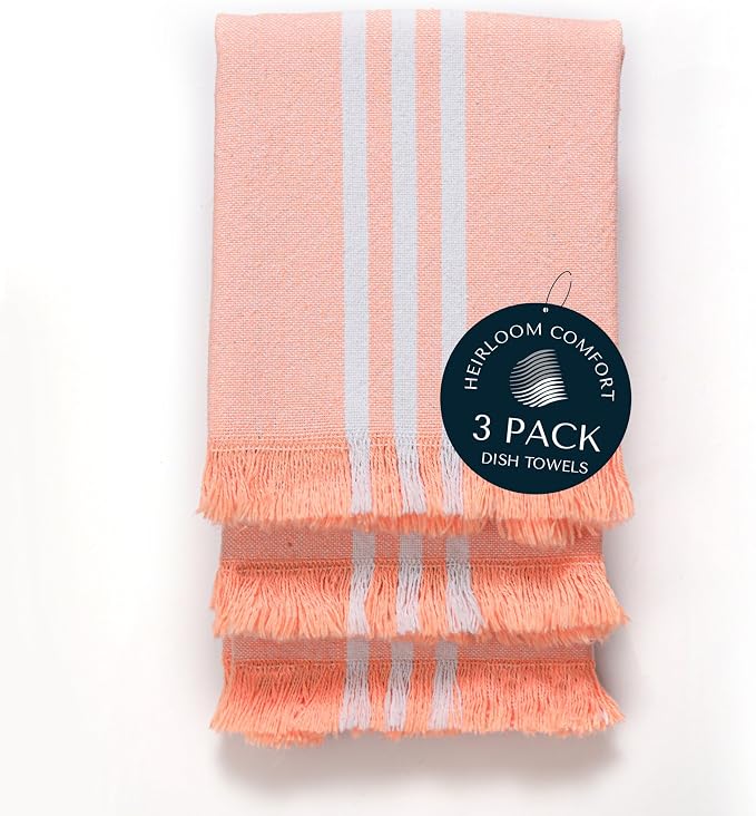 3 Pack Monochrome Stripe Dish Towels with Fringes, 16x26 Inch, 100% Cotton, Ultra Absorbent & Reusable, Quick Drying Kitchen Towels for Cleaning, Cooking, Drying, Easy Care, Orange