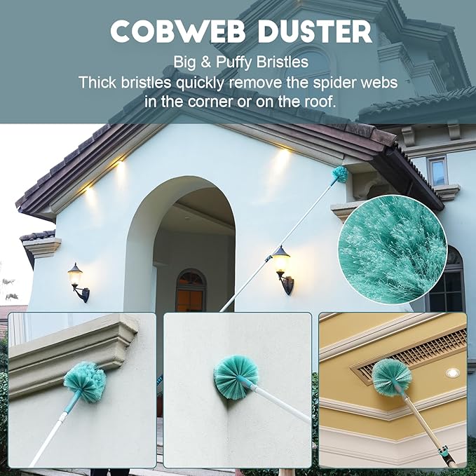 TelesPro 30 Foot High Reach Duster Kit with 6-24FT Extension Pole High Ceiling Dusting and Window Cleaning Kit with Telescopic Pole Window Washer&Squeegee,Cobweb Duster,Fan Duster and Feather Duster