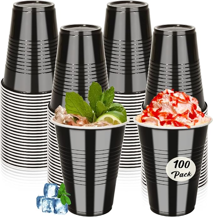 100PCS 16 oz Black Plastic Cups, Disposable Party Cups for Graduation Weddings, Birthdays & Festive Celebrations, Beverage Holiday Camping Barbecues, Reusable Party Supplies