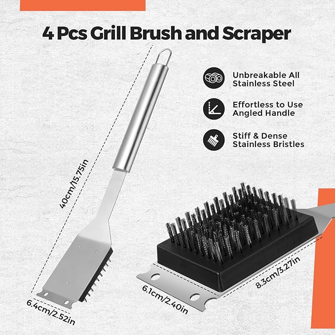 Nuogo 4 Pcs Grill Brush and Scraper 15.8'' Outdoor Stainless Steel Cleaning BBQ Accessories Grill Brush Ideal Gift for Men