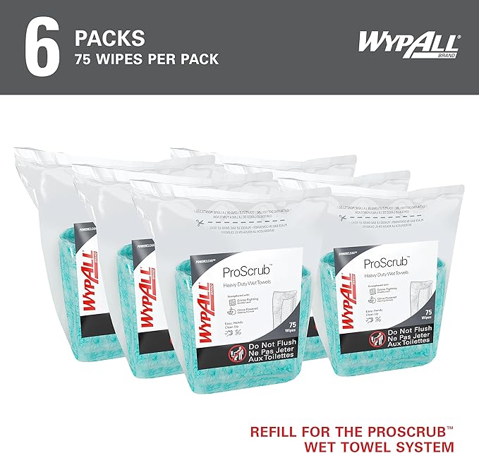 WypAll PowerClean ProScrub Heavy Duty Wet Towels (91367), Dual Action Cleaning, Large 9.5" x 12" Wipes, Refill Only (6 Packs of 75 Sheets, 450 Sheet Total)