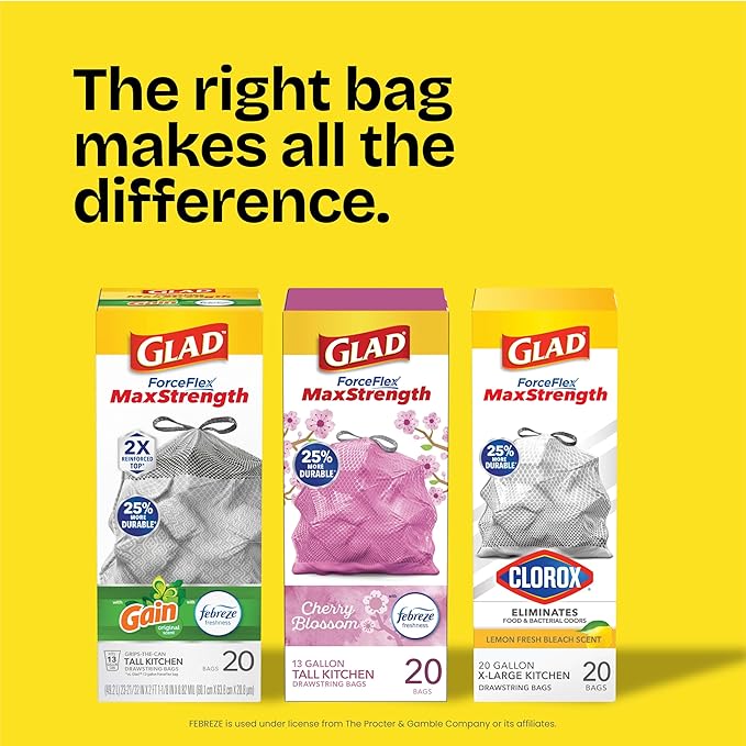 Glad Tall Kitchen Trash Bags 13 Gallon, MaxStrength Cherry Blossom Garbage Bags, Drawstring, 90 Count