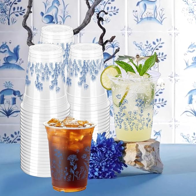 100 Pcs Chinoiserie Disposable Plastic Cups,16 oz Blue and White Flower Clear Plastic Cups for Birthday, Baby Shower, Wedding and Tea Party Drinking Cups Supplies
