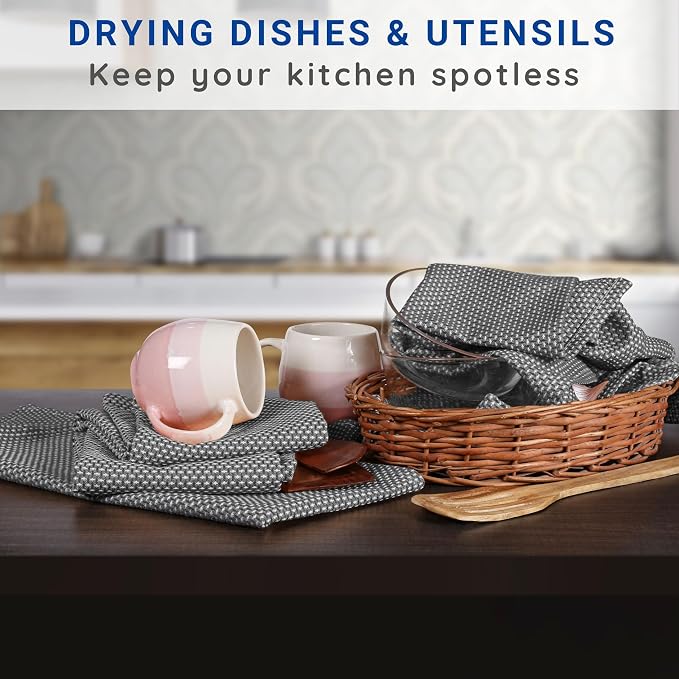 TWINY threads Dotted Weave Kitchen Towels Set of 4, 18x28 Inch, Soft & Absorbent Wash Cloths with Hanging Loop, Washable and Reusable Dishcloths for Cooking, Cleaning, Hand Towel - Grey