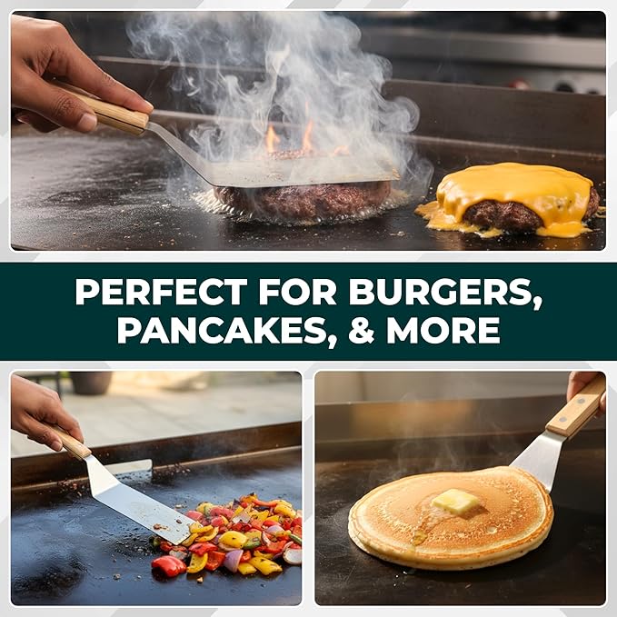 Griddle Spatula Set of 4 – Heavy Duty Stainless Steel Grill Spatula - Smash Burger Turner with Heat-Resistant Wooden Handle, Wide Beveled Edge Metal Spatulas for Flat Top, Cast Iron & BBQ