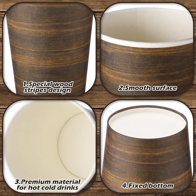 Funtery 100 Pcs Paper Drinking Cups, 9 oz Party Favor Supplies Decorations Disposable Drinking Cups for Western Theme Birthday Party Drinks Holidays Dinner(Retro Wood Grain)