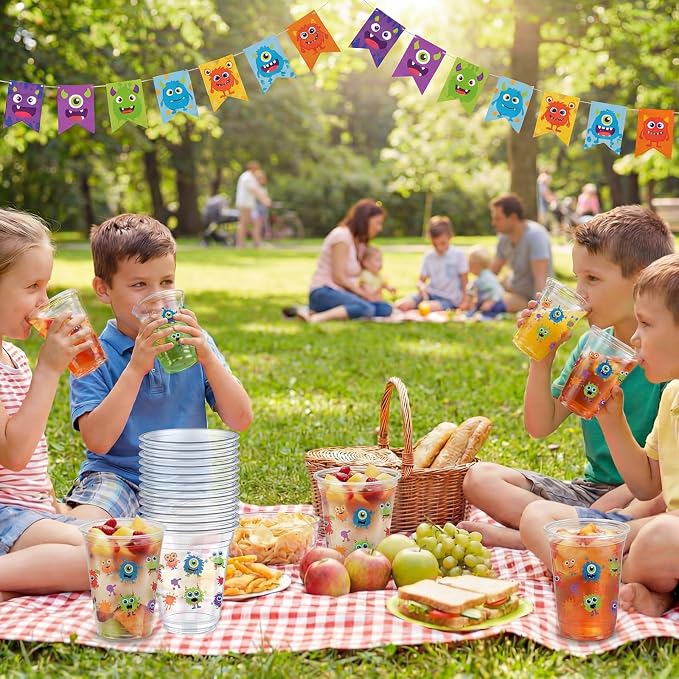 Uiifan 50 Pcs Monster Birthday Party Supplies Cute Cartoon Little Monster Party Decoration 12 oz Blue Purple Green Cups Disposable Plastic Cups for Coffee Juice Beverages Cocktail Birthday