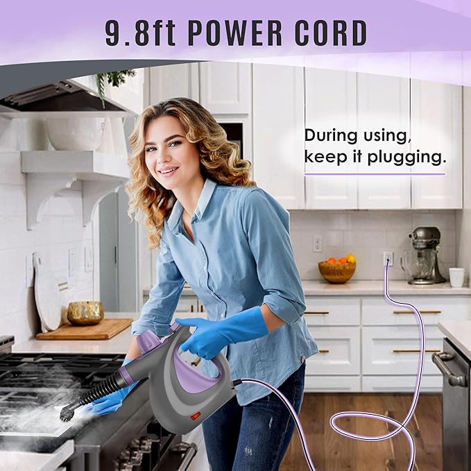 Pressurized Handheld Multi-Surface Natural Steam Cleaner with 12 pcs Accessories, Multi-Purpose Steamer for Home Use, Steamer for Cleaning Floor, Upholstery, Grout and Car (Grey) (Purple)