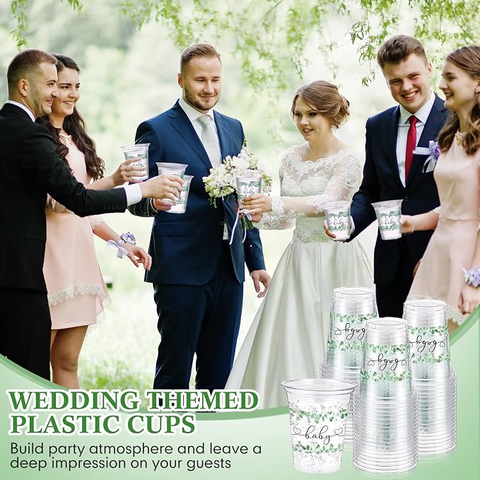 Jingmore 100 Pcs Sage Eucalyptus Baby Shower Plastic Cups 12oz Sage Greenery Disposable Clear Plastic Drinking Cups Bulk for Wedding Bridal Baby Shower Birthday Party Decorations Supplies