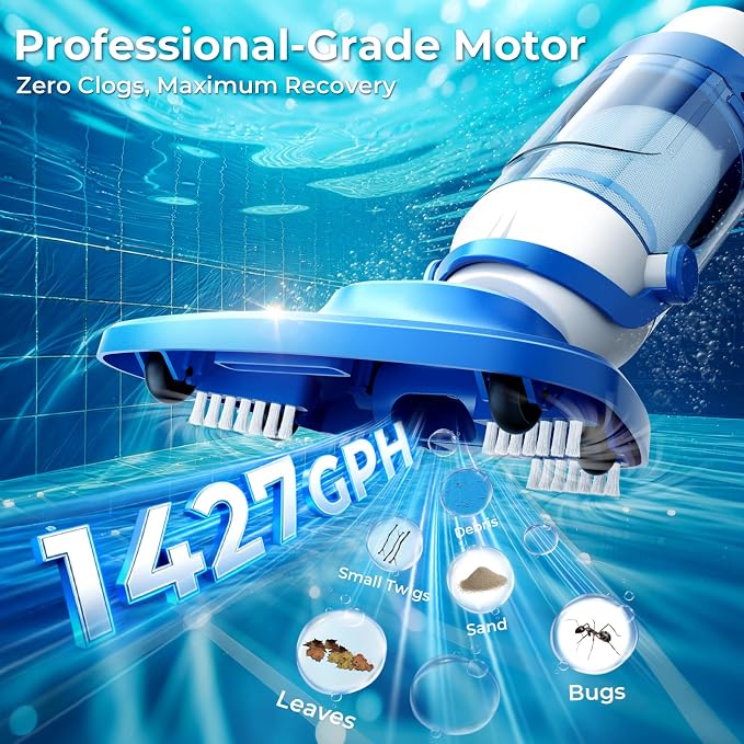 Pool Vacuum for Above Ground Pool, 1427 GPH Powerful Stable Suction, Telescopic Pole up to 90.7", 1H Runtime, Cordless Pool Vacuum for Inground Pools, Extra-Large Filter, Ideal for Leaves/Sand/Debris