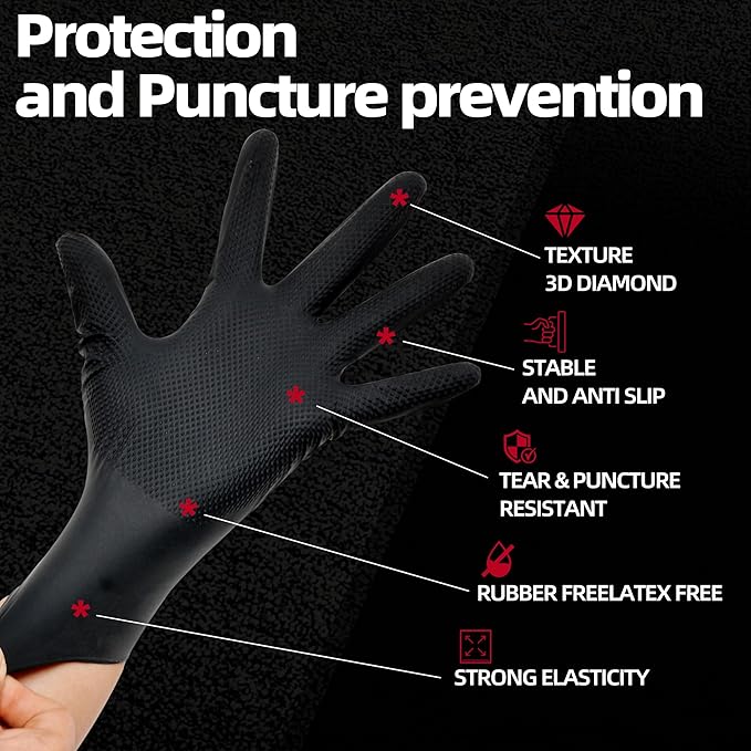 Jointown Basic Heavy Duty Nitrile Gloves, Mechanic Gloves 8 Mil Nitrile Disposable, with Raised Diamond Texture, Case of 1000, Black, XLarge