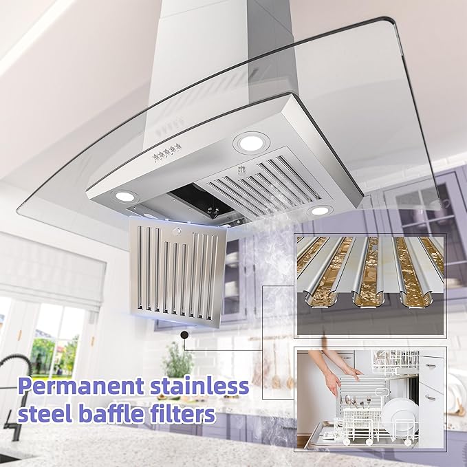 FIREGAS Island Range Hood 36 inch, 700 CFM Ceiling Mount Kitchen Vent Hood Ducted/Ductless Convertible,3 Speed Fan，4 Lights,Permanent Baffle Filters Stainless Steel Stove Hood