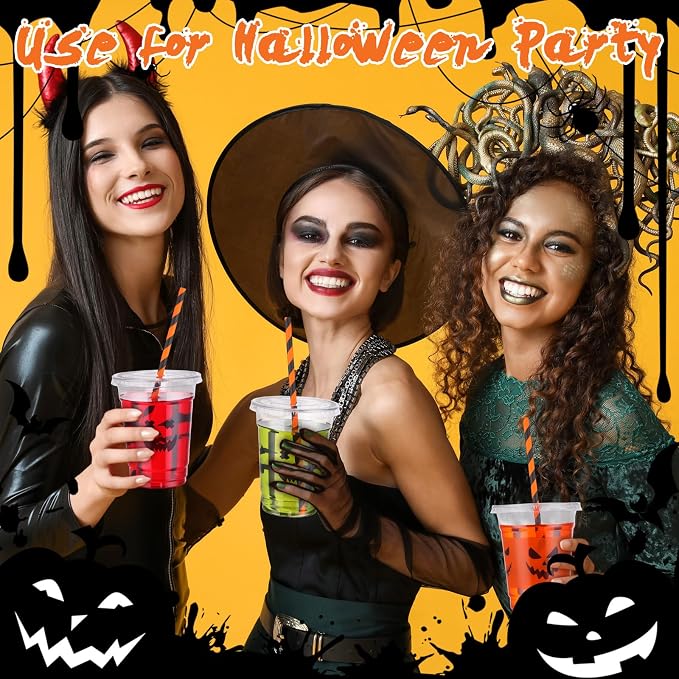Yaomiao 300 Pcs 12 oz Halloween Plastic Cups with Lids and Straw Halloween Plastic Cup Disposable Clear Tumbler Whiskey Tumbler Black White Emoticons Witch Drinking Set for Party Supply