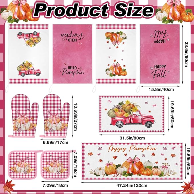 Fanfanwin 10 Pcs Thanksgiving Pumpkin Kitchen Decor Set Pink Kitchen Towels Pot Holders Oven Mitts and Rugs Set for Baking Cooking BBQ Thanksgiving Home Decor