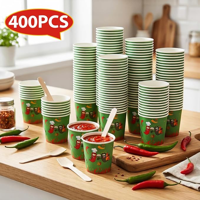 Teenyyou 400 Pcs 5 oz Chili Cook off Party Decorations Mini Chili Cook off Tasting Cups Disposable Sample Paper Cup Bowls and Wooden Spoons for Pepper Competition Prizes Party Cooking Supplies, Green