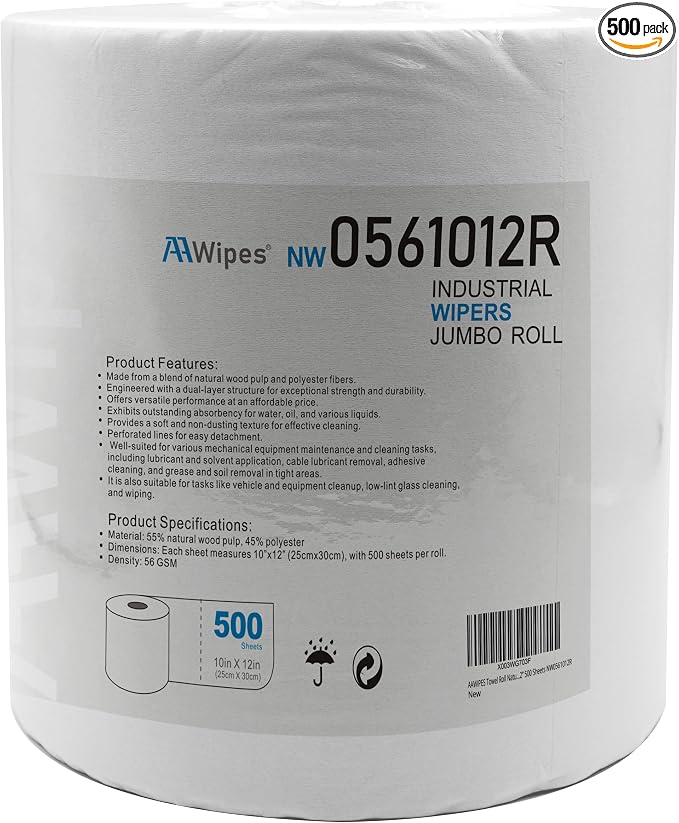 AAwipes Industrial Wipes Multi-purpose Cleanroom Wipes | 500 PCS | 10"*12", White| Dust-Free Cellulose/Polyester Blend Disposable, Jumbo Roll, High Absorbency - NW0561012R