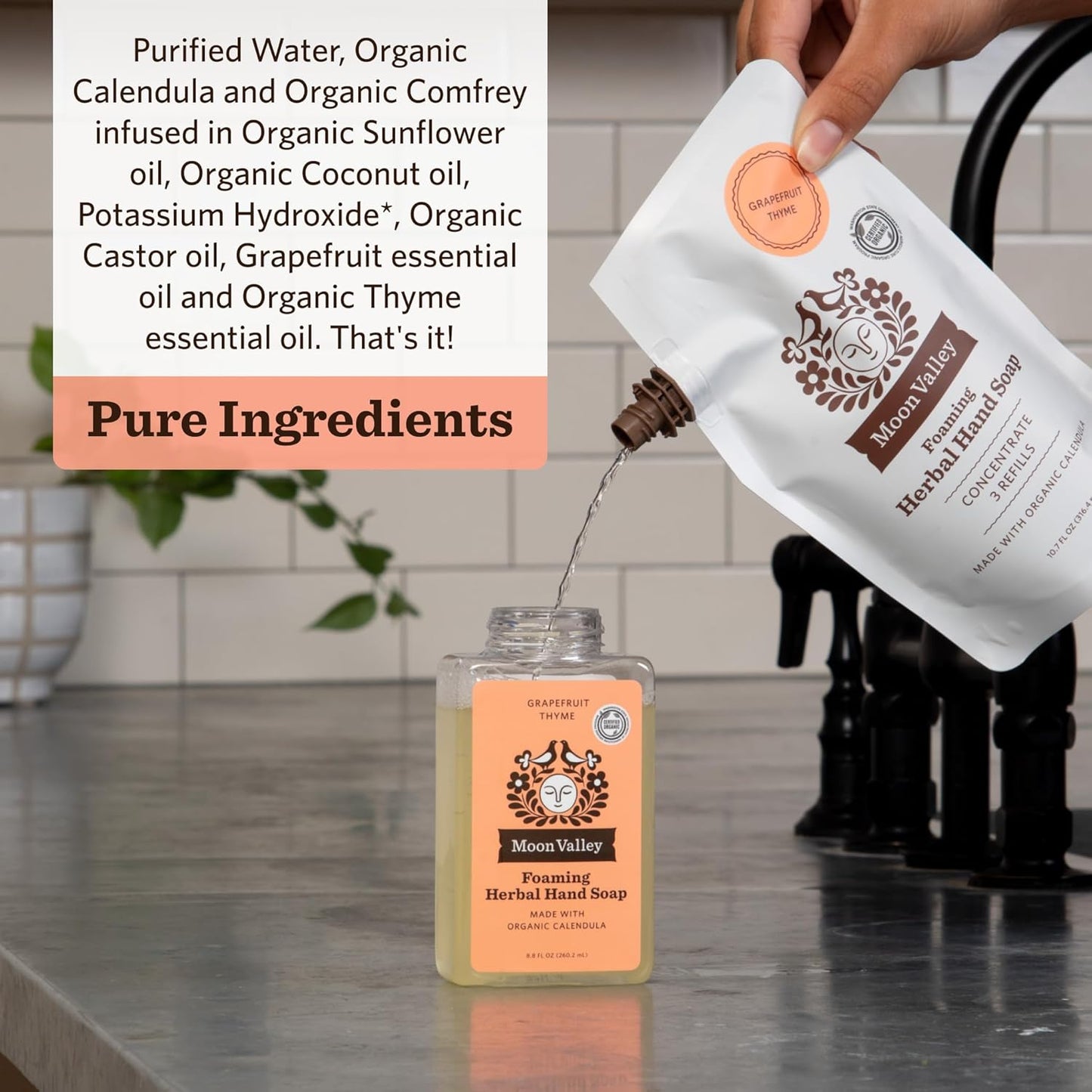 Moon Valley Foaming Hand Soap Refill Pouch, Two-Pack Grapefruit Thyme Soap, Vegan and Non-GMO, Environmentally Friendly Option