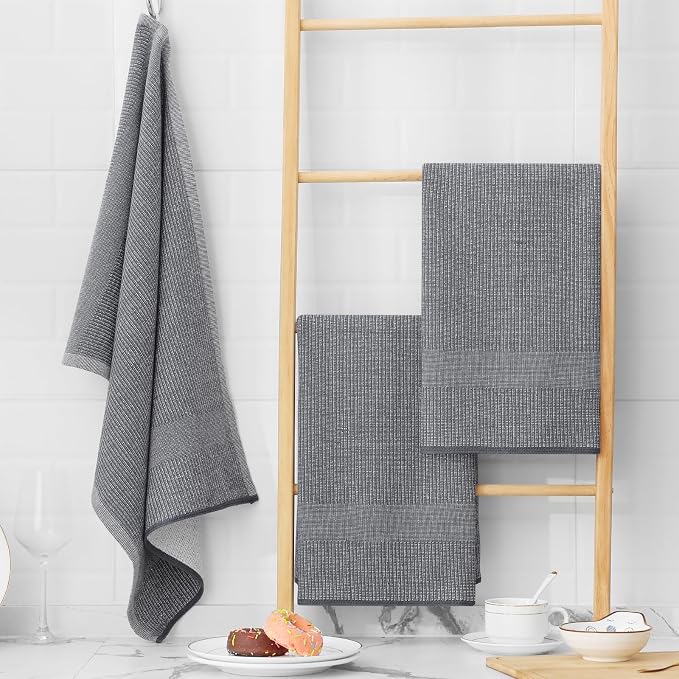 Homaxy Premium Kitchen Towels(18”x 28”, 12 Pack), Large Cotton Kitchen Hand Towels, Flat and Terry Dish Towels, 380 GSM Highly Absorbent Tea Towel Set with Hanging Loop, Grey