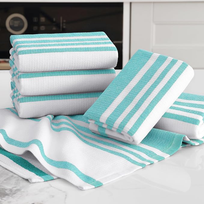 Homaxy Premium Kitchen Towels 18”x 28”, Large Cotton 380 GSM Kitchen Hand Towels, Stripe and Terry Dish Towel, Highly Absorbent Tea Towel Set with Hanging Loop, 3 Pack, Teal