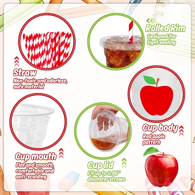 Whaline 50 Pcs Back to School Apples Disposable Plastic Cups with Lids and Straws 12 Oz Red Apples Cold Beverage Drinking Cups for First Day of School Teacher Party Supplies