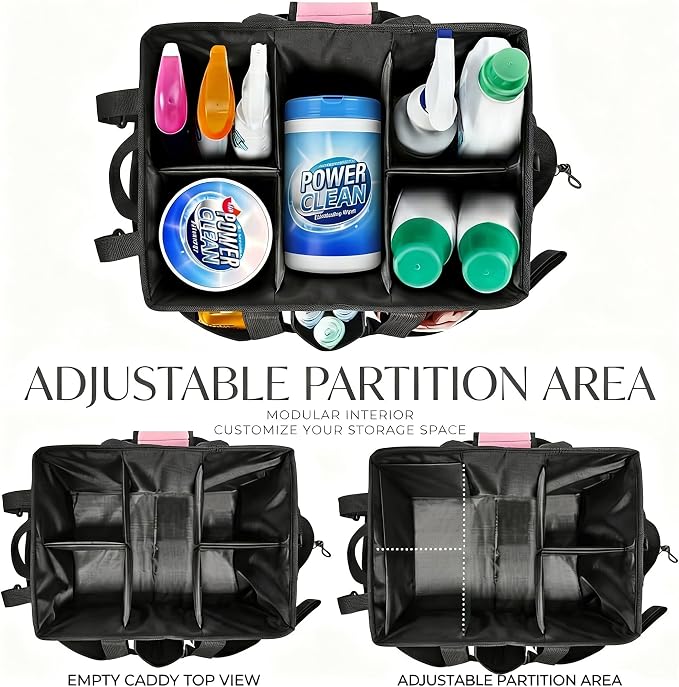 Wearable Cleaning Caddy Organizer with Handle & Adjustable Shoulder Strap 4 Foldable Compartments, Cleaning Supplies Caddy for Housekeepers, Car, Home, Hotel & Outdoor Cleaning Bag（Pink）