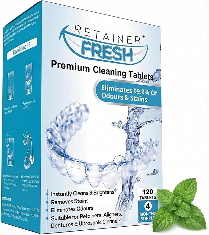 Retainer Fresh Retainer Cleaner Tablets - Denture Cleaner, Retainer Cleaning Tablets, Mouth Guard Cleaner, Aligner Cleaner, Brite Retainer Tablets 120 Tablets 4 Month