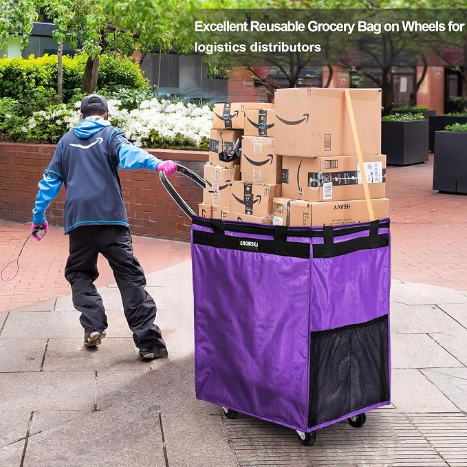 (Medium,Violet) Reusable Grocery Bag on Wheels, 70L Foldable Rolling Tote, Extra Storage for Shopping, Zipper Clouser Shopping Carts for Groceries, Laundry, Camping, Moving, 4 Heavy Duty Wheels