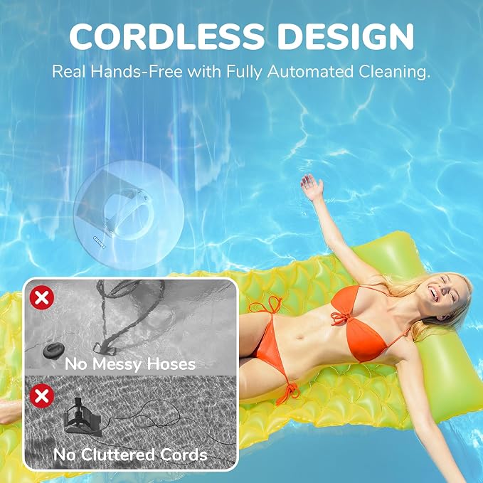 Robotic Pool Cleaner, Cordless Pool Vacuum with Dual-Drive Motors, Top Handle, Self-Parking Technology, Lightweight, Perfect for Above-Ground/In-Ground Flat Pools up to 645sq.ft (Lasts 90 Mins)