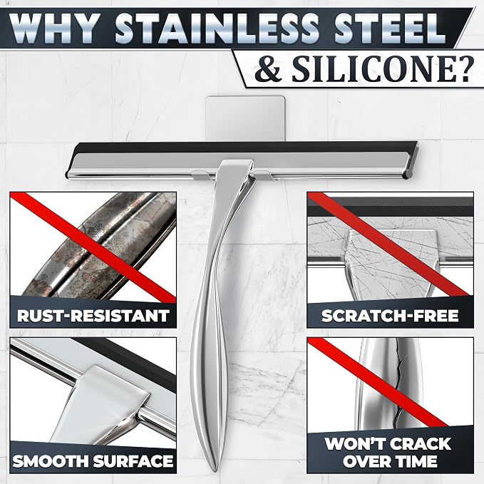 Shower Door Squeegee with Hook - 12" Silicone Blade, Stainless Steel Squeegee for Shower Glass with Adhesive Mount - All-Purpose Bathroom Tile, Mirror, & Window Wiper for Streak-Free Cleaning (Silver)