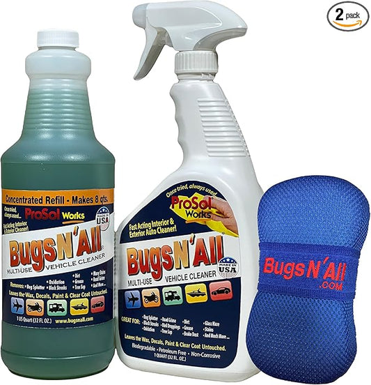 Bugs N' All Multi Surface Cleaner Spray Concentrate 32 oz. w/Empty Cleaning Spray Bottle 32 oz. & Bug Sponge for Car Washing - Mutli-Vehicle Cleaning - Bug & Tar Remover for all Vehicles