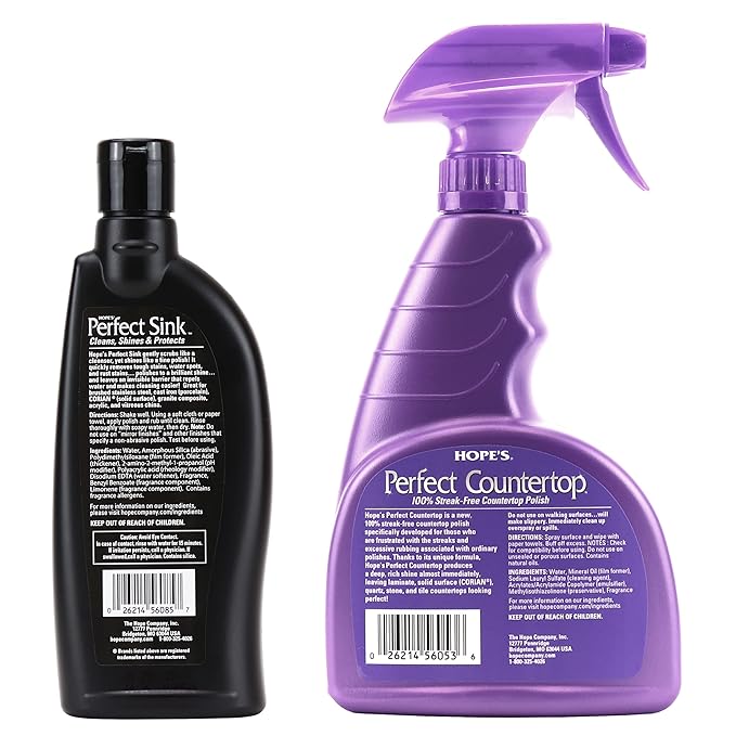 HOPE'S Perfect Sink Cleaner and Polish, 8.5 Fl Oz, and Perfect Countertop Cleaner and Polish, 22 Fl Oz, Bundle