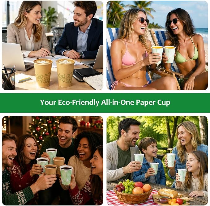16oz 100Count Compostable Paper Cups, Plant-Based Disposable Coffee Cups with PLA Lining, Perfect for Hot & Cold Drinks, Coffee, Party, Office & Daily Use