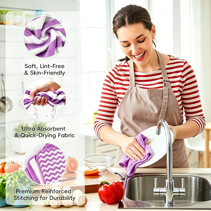 Microfiber Cleaning Cloth 6 Pack, Ultra Soft Super Absorbent Lint Free Dish Towels with Hanging Loop, 13.5x29 Inch Purple Reusable Kitchen Towels for Kitchen, Window, Car, Household
