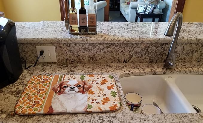 Caroline's Treasures Red and White Japanese Chin Heirloom Fall Dish Drying Mat Absorbent Dish Drying Mat Pad for Kitchen Counter Dish Drainer Mat for Countertop, 14 x 21", Multicolor