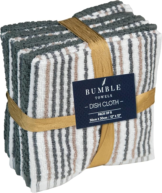 Bumble Towels Premium Dish Cloths 12"x12" | 100% Natural Ring Spun Cotton Tea Towel Set | 430 GSM | Highly Absorbent & Soft | 8 Pack - 4 Popcorn Striped & 4 Solid Kitchen Towels - Gray