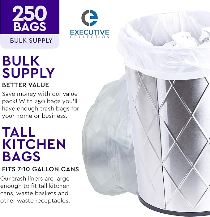 Clear 7-10 Gallon Trash Bags, Bulk Pack - Medium Size Garbage Bin Liners for Office, Bedroom and Kitchen Wastebasket Cans - by Executive Collection (250 Bags)