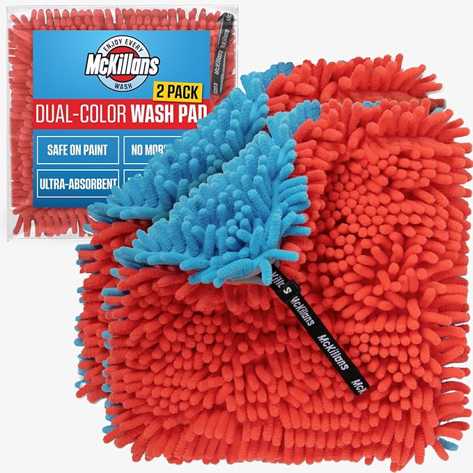 McKillans® Dual-Color Car Wash Pad - Pack of 2 - Scratch Free -10"x10" - Wrist Strap - Soft Chenille Microfiber Car Wash Sponge - Car Washing Washpad- Detailing, Car Cleaning Wash Rag (Pack of 2)