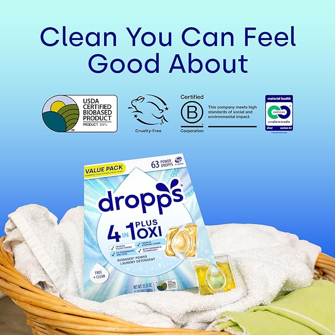 Dropps 4-in-1 Plus Oxi Laundry Detergent Pods, Free & Clear (63 Count) - Unscented Laundry Pods | Odor Defense | Fights Stains | Whitens & Brightens | Clean Ingredients | Plastic Free Packaging