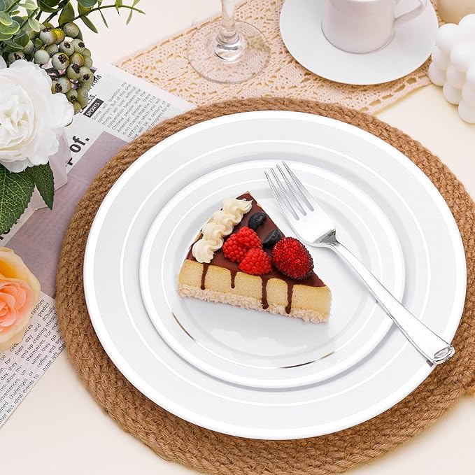 BESTSTAR 100PCS White Plastic Plates for Party, 10.25 Inch Disposable Plates with Silver Rim, Heavy Duty Dinner Plates for Wedding and Birthday