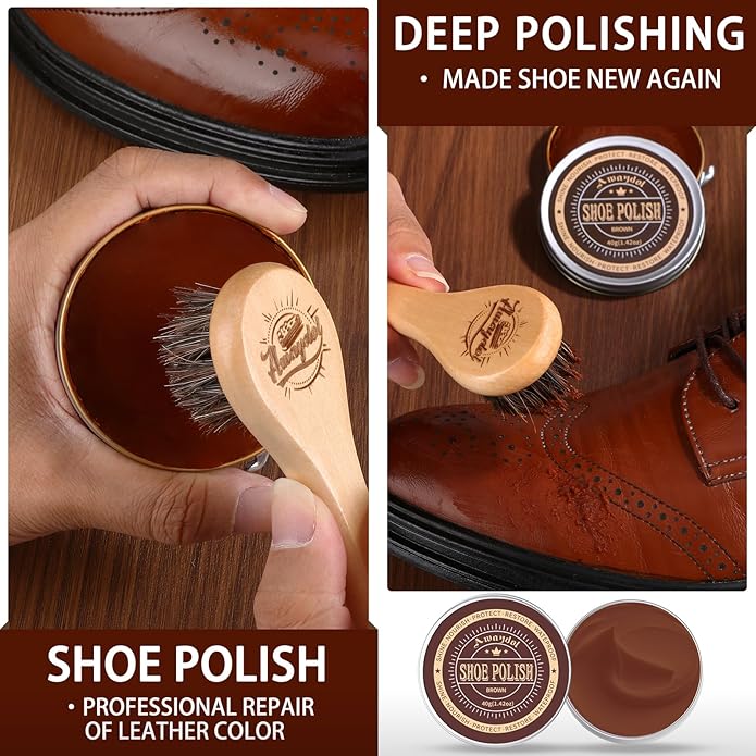 12 PCS Shoe Polish Kit - Horsehair Brushes, Black Brown Neutral Polish,Mink Oil Conditioner for Shoes,Polishing Cloth, Leather Boots Shine Care Kit ﻿Gift for Men Cowboy Husband Dad