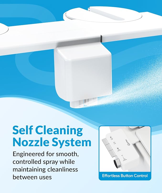 CLEAR REAR Ultra Slim Bidet Attachment for Toilet Seat - Non-Electric with Self Cleaning Dual Nozzles, Leak Proof, Adjustable Water Spray, Rear & Feminine Wash Toilet Bidet Upgrades (White Piano Keys)