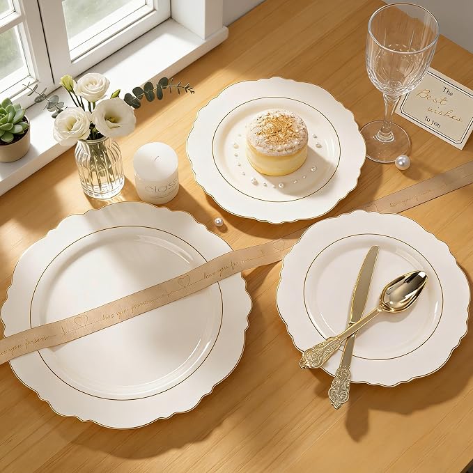Liacere 350PCS Ivory Plastic Plates-Cream Disposable Plates With Gold Rim-50Guest Baroque Plastic Dinnerware include 100 Plates - 50 Pack Pre Rolled Napkins Silverware 50Cups for Wedding＆Party