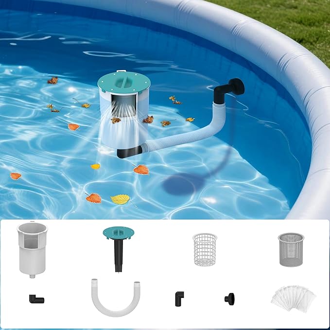 above ground pool skimmer,2026 Upgrade,No Installation Required, no Adjustable Bracket Required,Comes with 10 Filter Socks, SPECIAL NOTE: The pool pump flow rate must not exceed 2100 GPH (Turquoise)