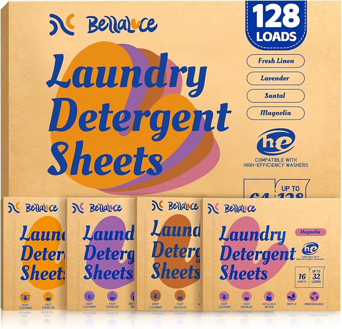 Laundry Detergent Sheets - 4 Scented 128 Loads Travel Laundry Sheets for Dorm,College,Home,Hotel,Apartment,Camping,Ruise,Road Trip,Beach Vacation,Small Space,Family School Travel Essentials