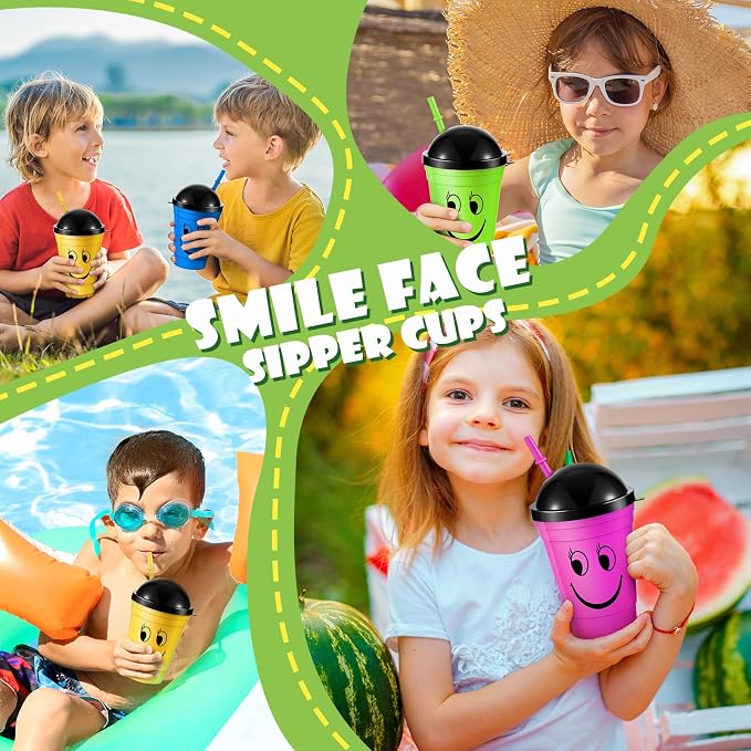 Bokon 24 Pack Smile Face Sipper Cups with Lids and Straws for Kids 12 oz Reusable Plastic Kids Cups with Lids for School Events Birthday Party Supplies, 4 Random Colors