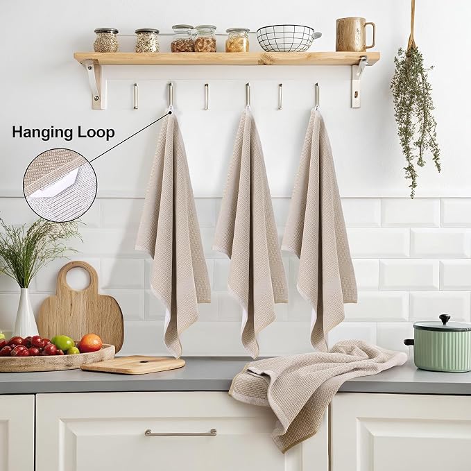 Mordimy Premium Kitchen Towels 6 Pack (18 x 28 Inches, Khaki), Large Cotton Kitchen Hand Towel, Flat & Terry Dish Towels for Drying Dishes, Super Absorbent Tea Dishtowels Set with Hanging Loop