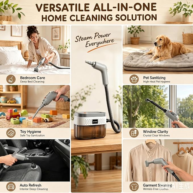 Steam Cleaner for Home, Portable Fast Heat Steamer with 1800ML Large Water Tank, 248°F High Temp Chemical-Free Hot Steam Cleaner for Kitchen, Bathroom, Car, Furniture, Walls, Tile Grout, Carpets.