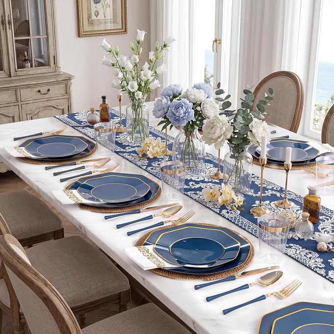 KIRE 140Pcs Blue Plastic Plates with Gold Rim - Gold Disposable Plastic Silverware with Blue Handle&Clear Cups&Hand Napkin - Geometric Party Plates for Memorial Day/Party/Graduation/Father's Day